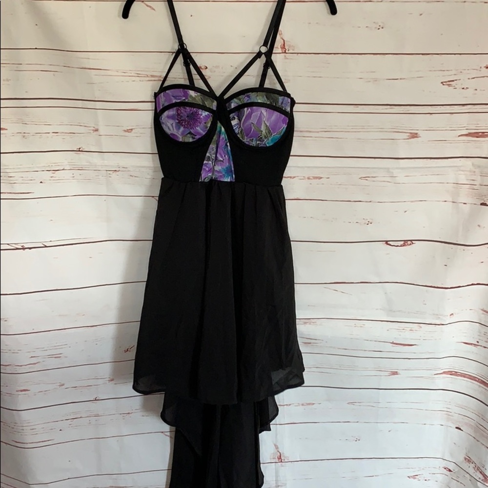 High Low Purple Floral Black Dress